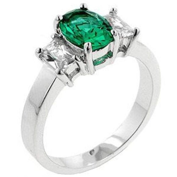 Silver Emerald Cocktail Ring Size 10 Green Cubic Zirconia Simulated Plated - Picture 2 of 11